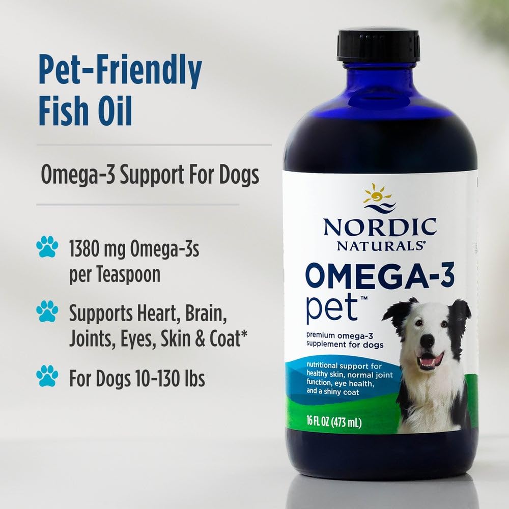 Nordic Naturals Omega-3 Pet bottle label closeup emphasizes purity and source