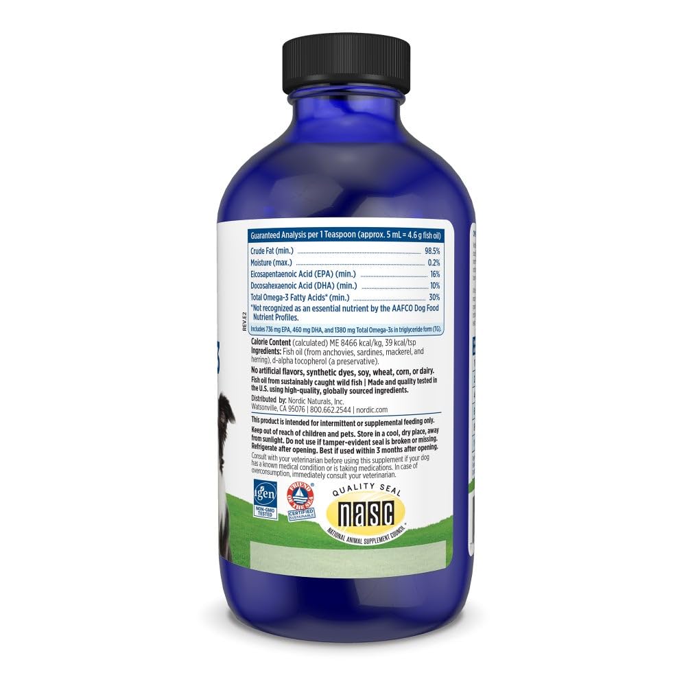 Nordic Naturals Omega-3 Pet bottle label close-up highlights purity and ethical sourcing.