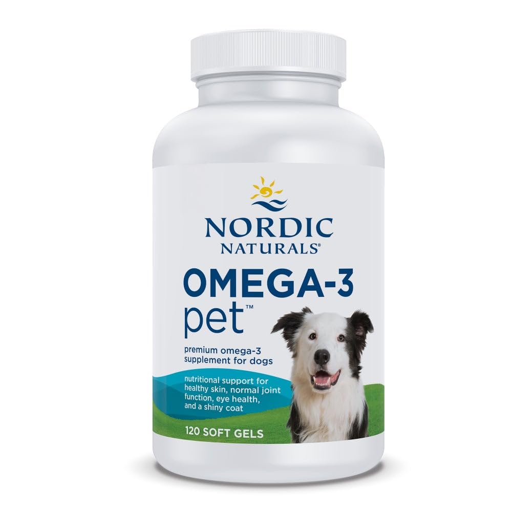 Nordic Naturals Omega-3 Pet bottle highlights heart and coat health.