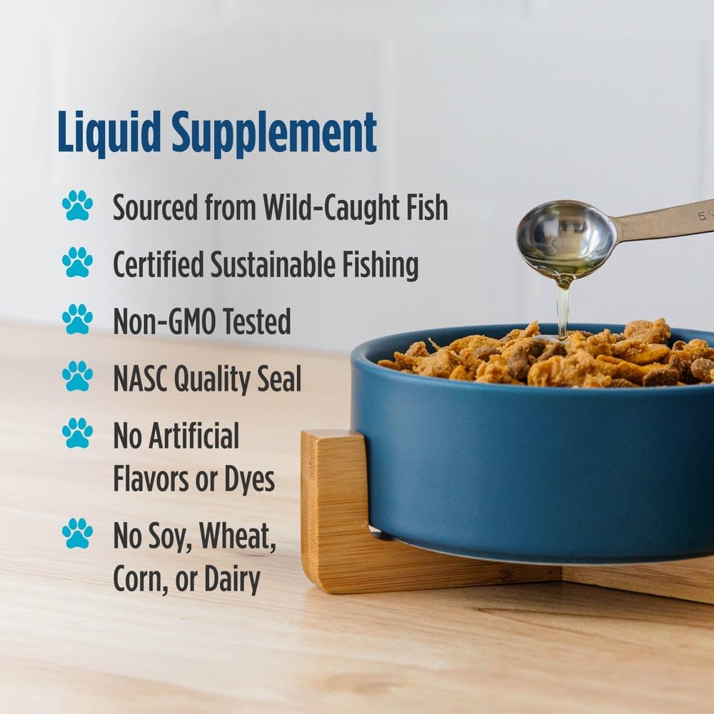 Nordic Naturals Omega-3 Pet dog eating food with oil drizzle, flavorless supplement.