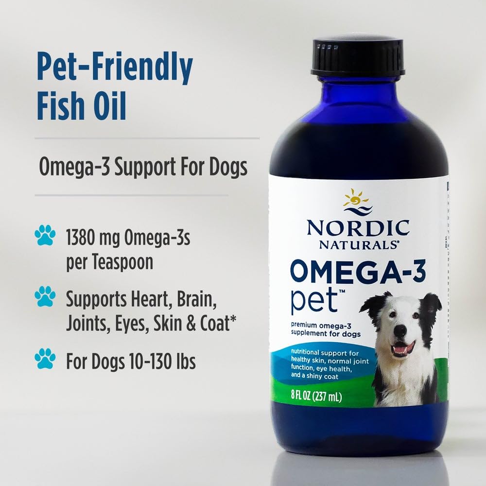 Nordic Naturals Omega-3 Pet dog with bottle demonstrates daily routine for healthy fur.