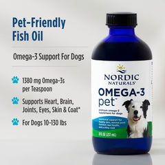 Nordic Naturals Omega-3 Pet dog with bottle demonstrates daily routine for healthy fur.