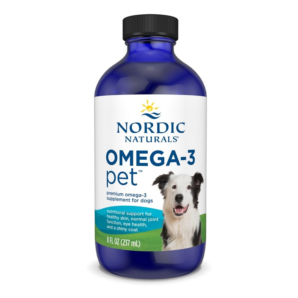 Nordic Naturals Omega-3 Pet pour bottle shows easy dosing for dogs, supporting heart and coat.