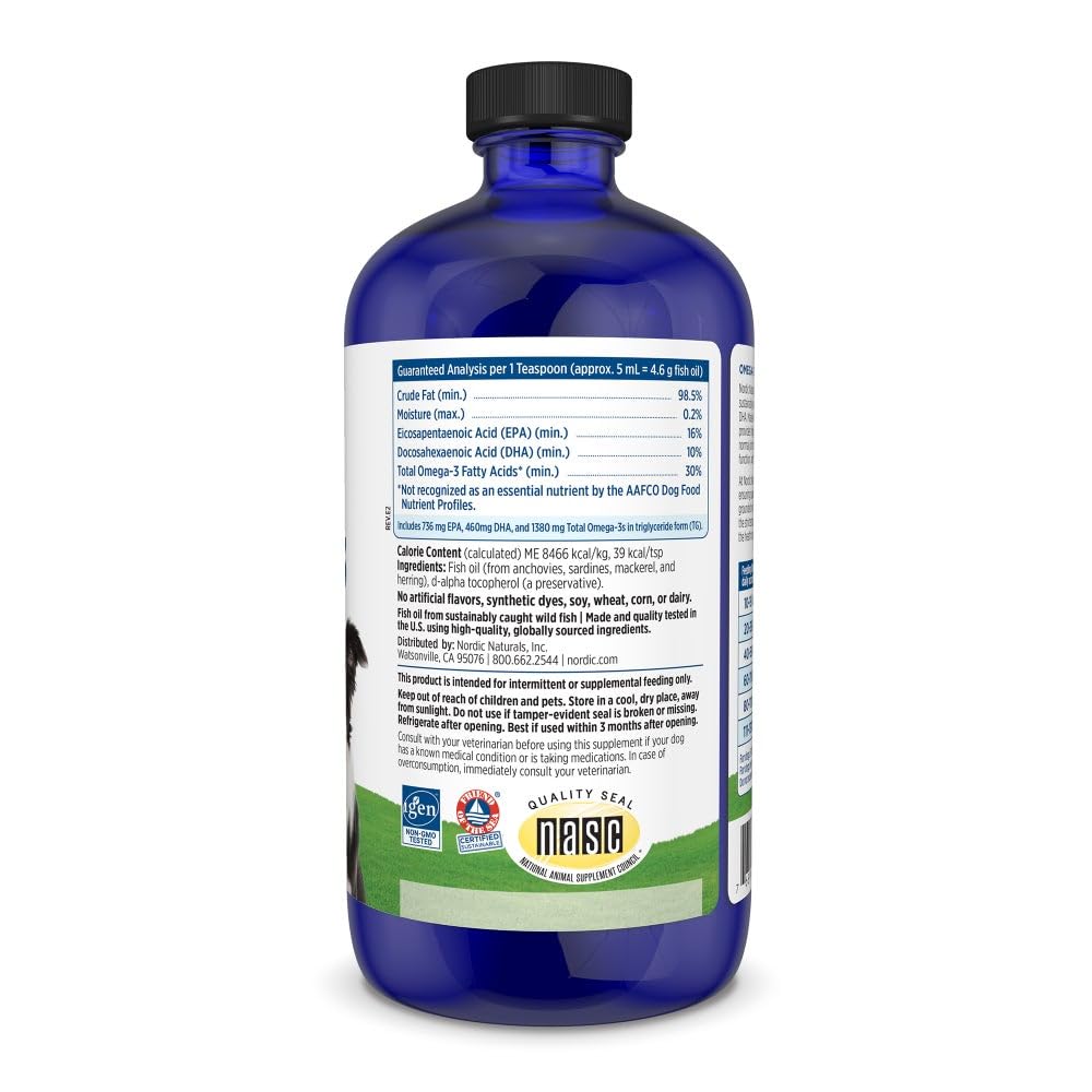 Nordic Naturals Omega-3 Pet teaspoon pour demonstrates dosing for large dogs