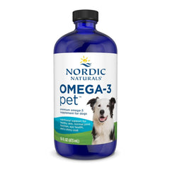 Nordic Naturals Omega-3 Pet unflavored bottle on counter supports coat health