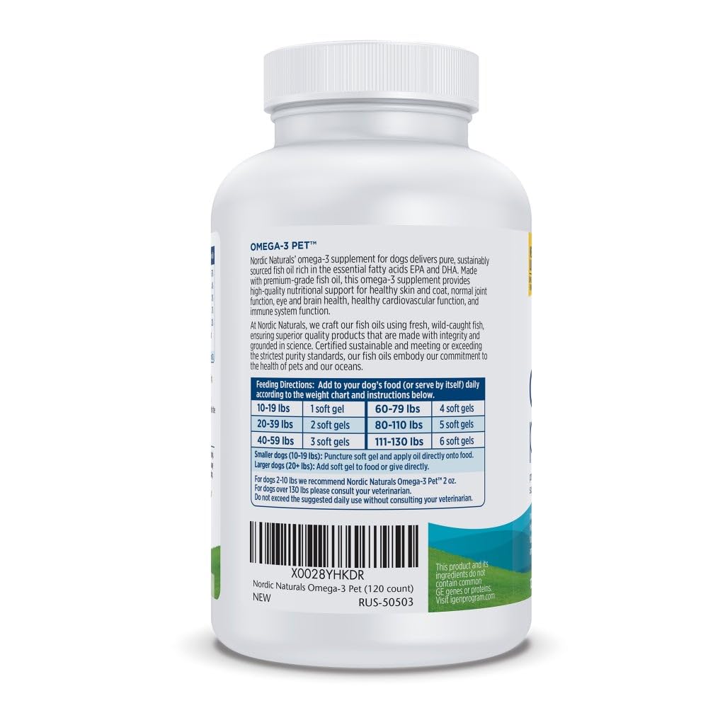 Nordic Naturals Omega-3 Pet unflavored bottle on a clean counter.
