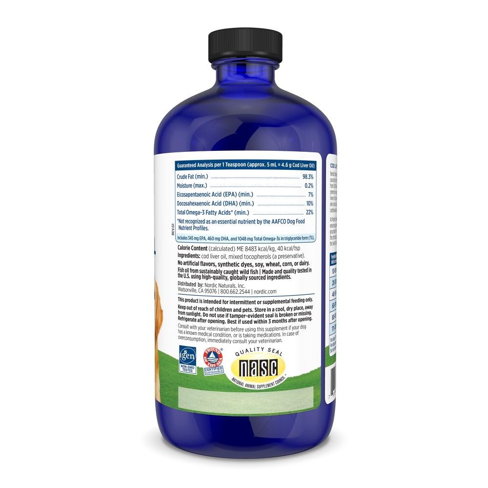 Nordic Naturals Pet Cod Liver Oil label with dosage guidance