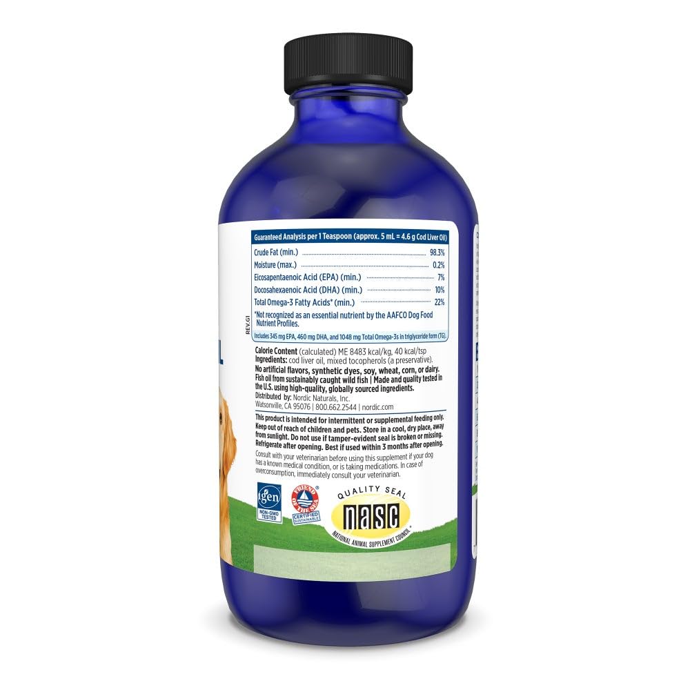 Nordic Naturals Pet Cod Liver Oil pour shot showing easy dosing and convenience