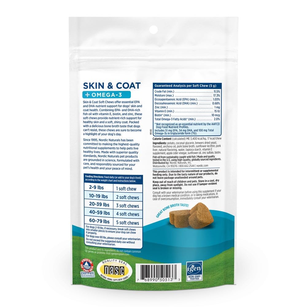 Nordic Naturals Pet Skin & Coat Soft Chews include vitamin E biotin and zinc