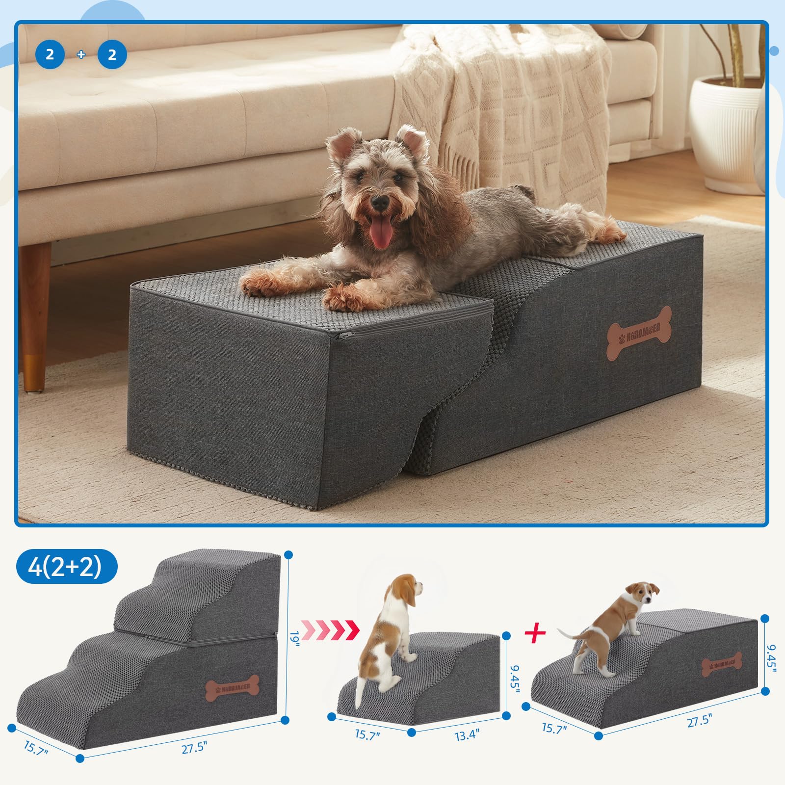 Nordjager Dog Stairs four steps non-slip surface keeps pets secure during climbs.