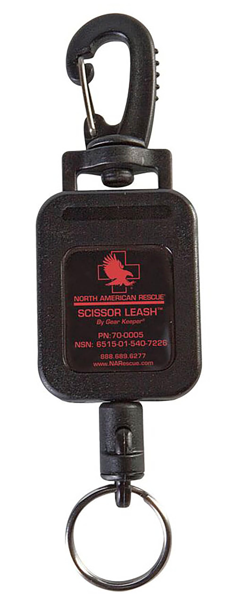 North American Rescue scissor leash clip in black enhances control during urgent trauma care.