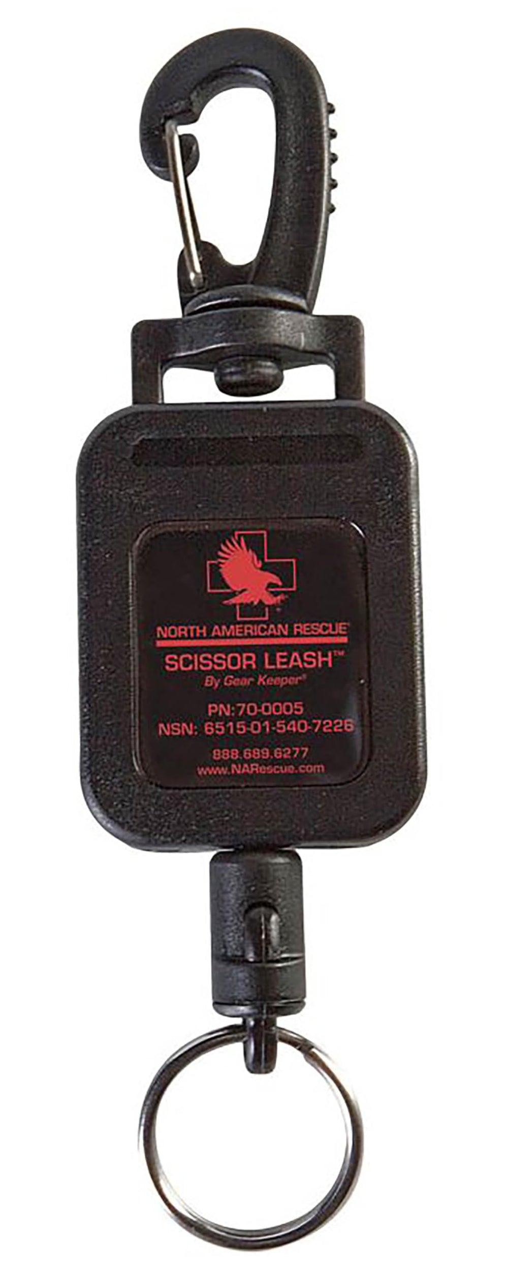 North American Rescue scissor leash clip in black enhances control during urgent trauma care.