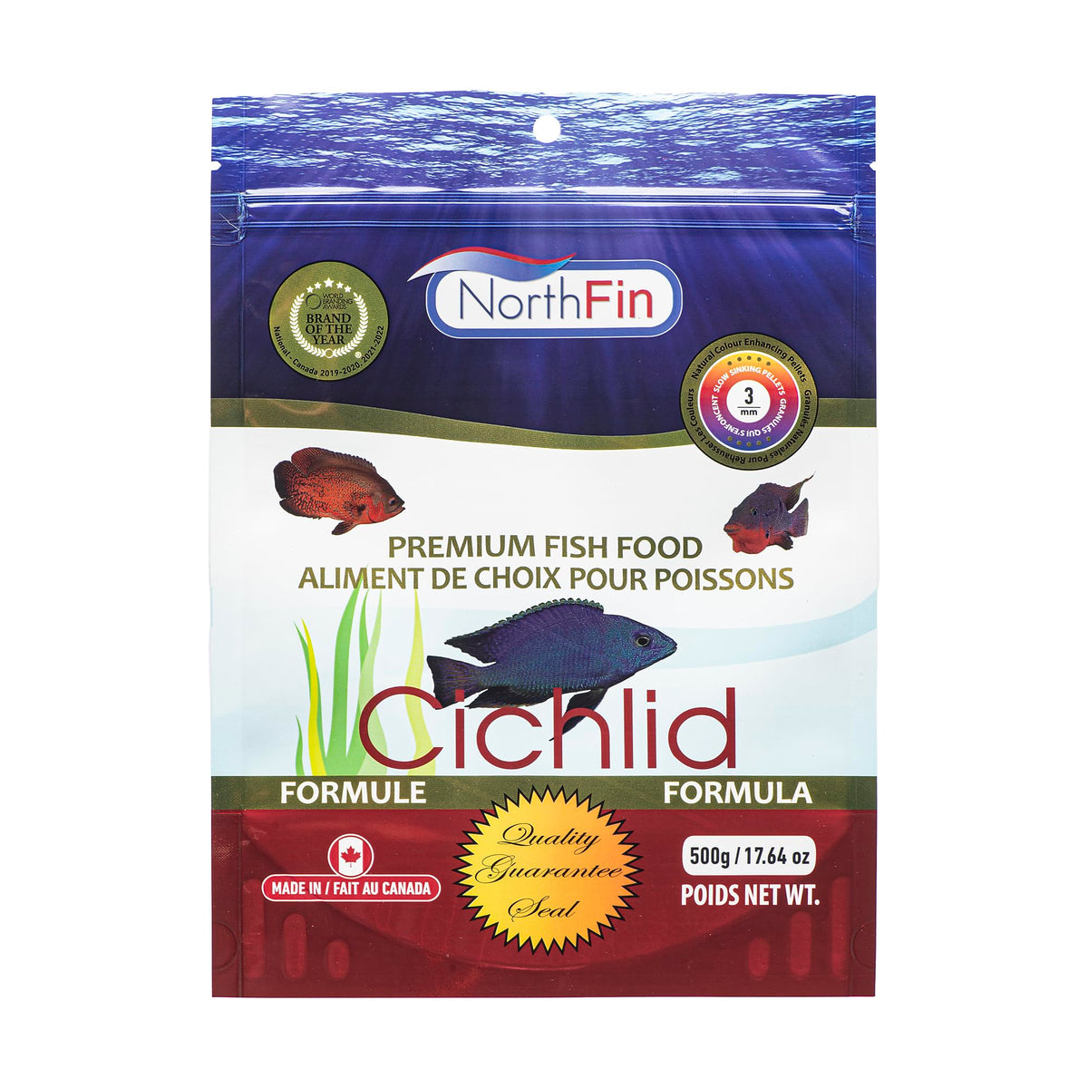 NorthFin Cichlid Formula pellets close-up for digestion and color.