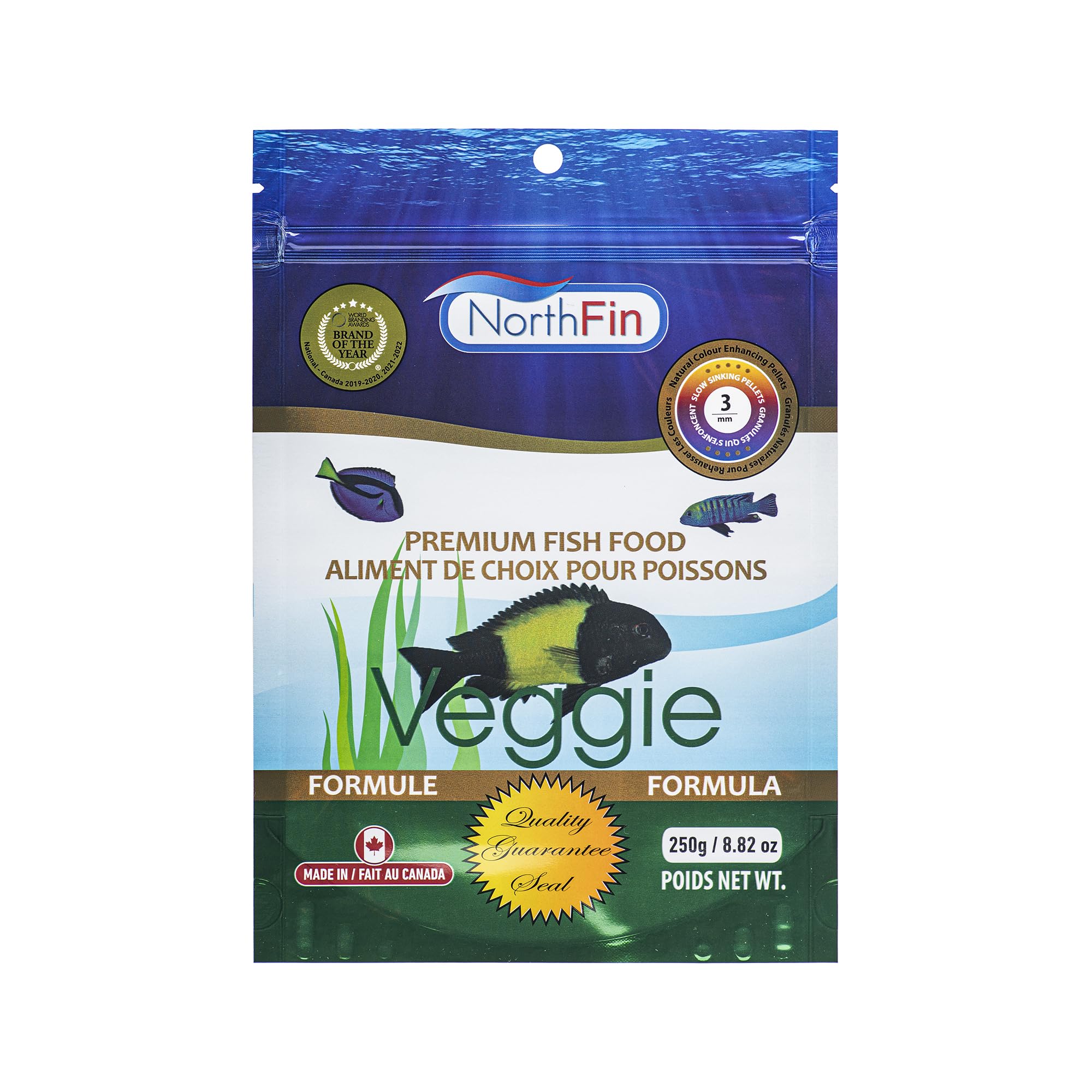 Northfin Veggie Fish Food pellets close-up highlighting kelp-based formula for herbivores