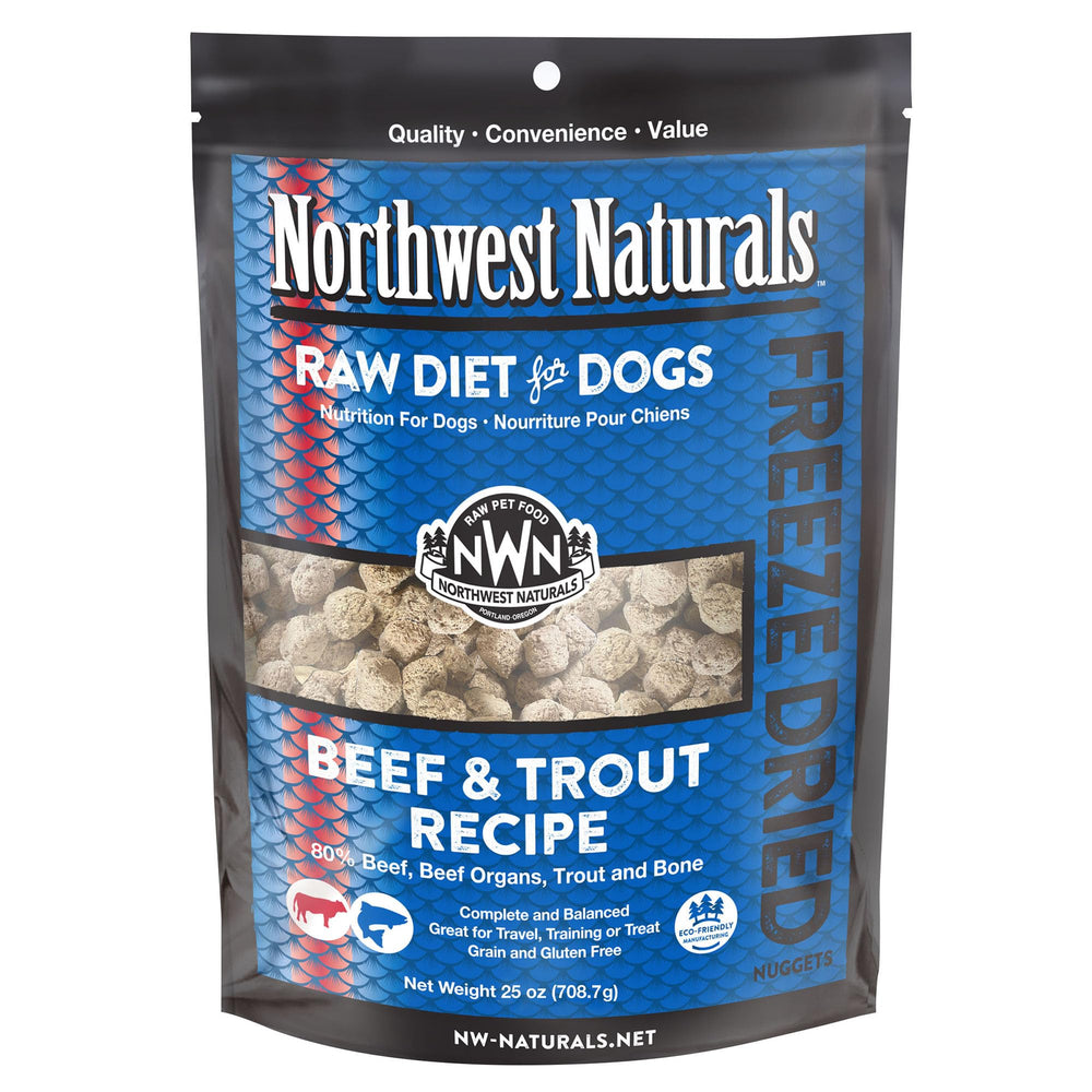 Northwest Naturals beef-trout nuggets packaging emphasizes human-grade ingredients for trusted quality