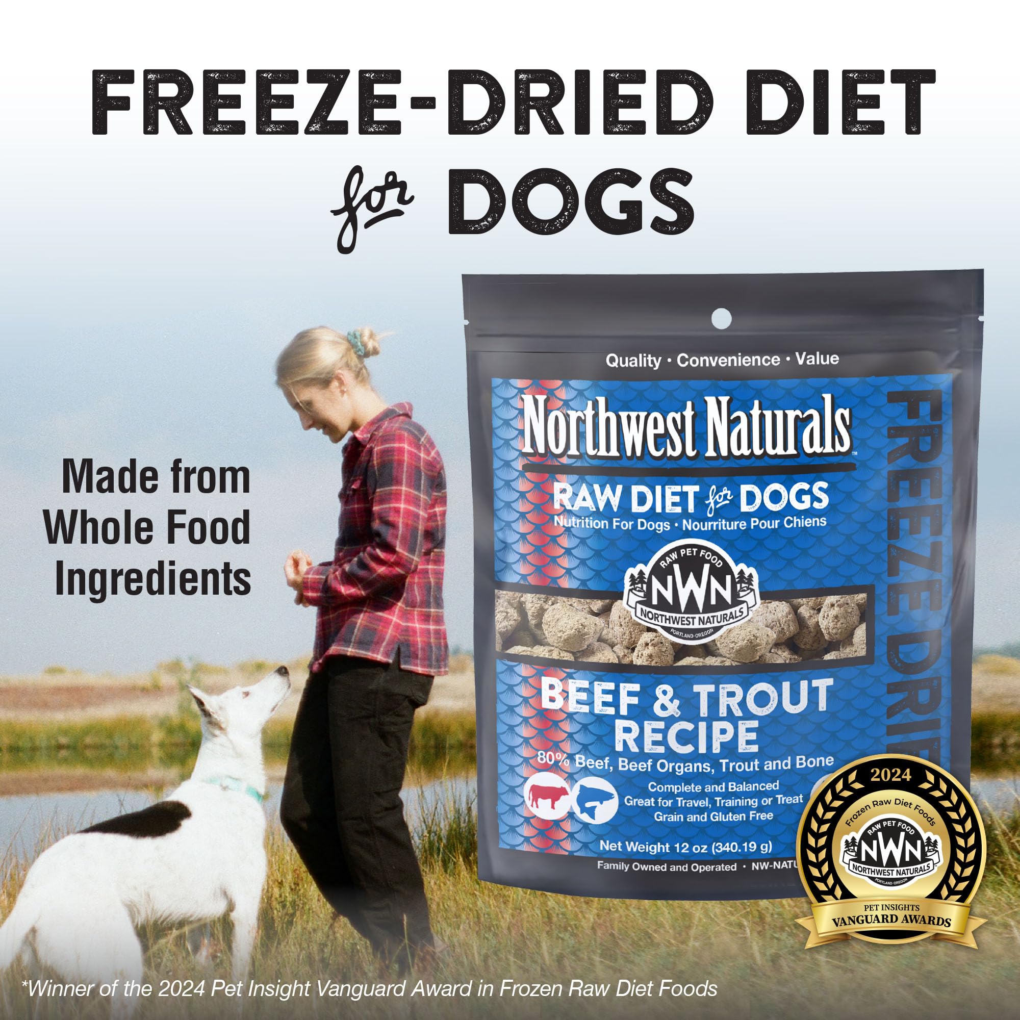 Northwest Naturals freeze-dried beef and trout pieces; high-protein snack.