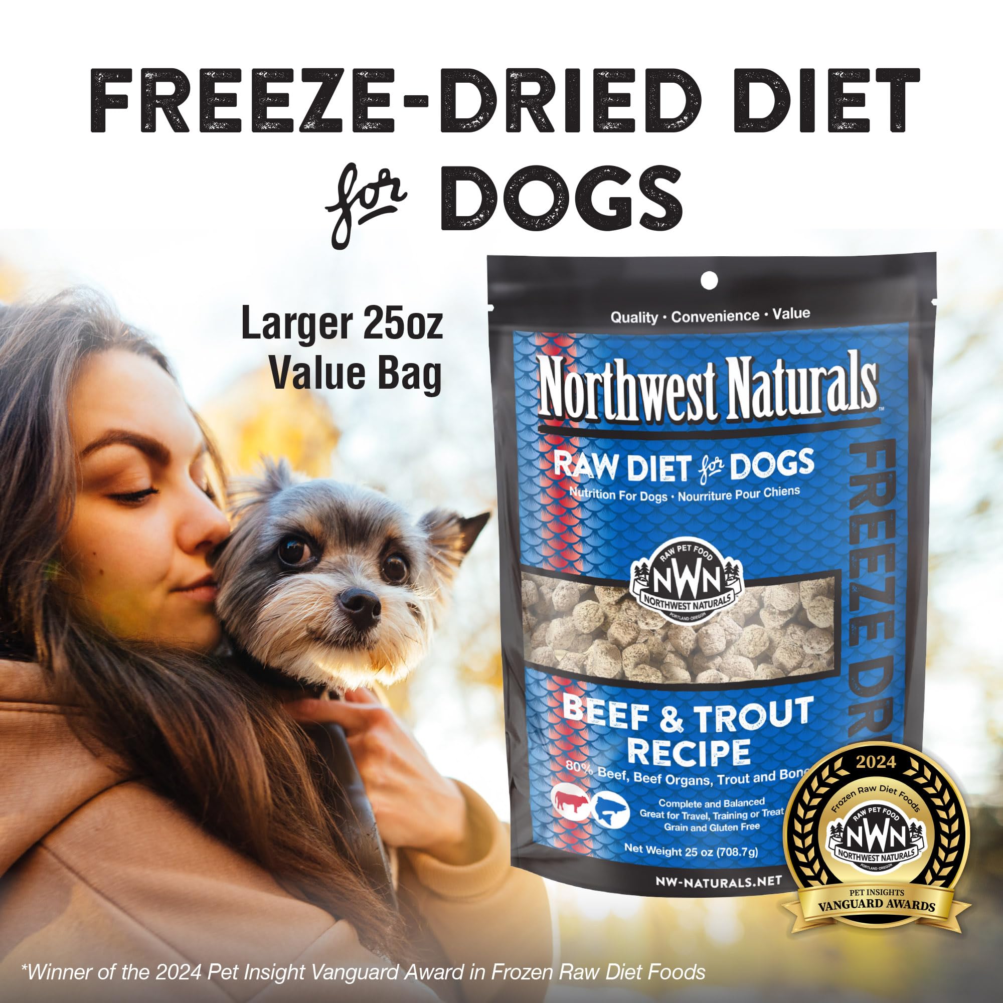Northwest Naturals freeze-dried beef and trout nuggets ready for travel