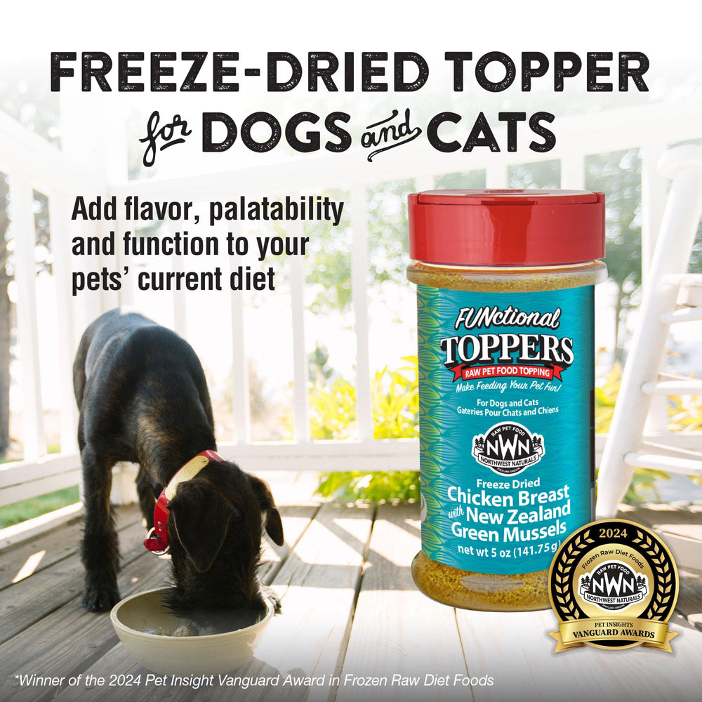 Close-up of freeze-dried chicken and mussels texture for dogs and cats