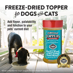 Close-up of freeze-dried chicken and mussels texture for dogs and cats