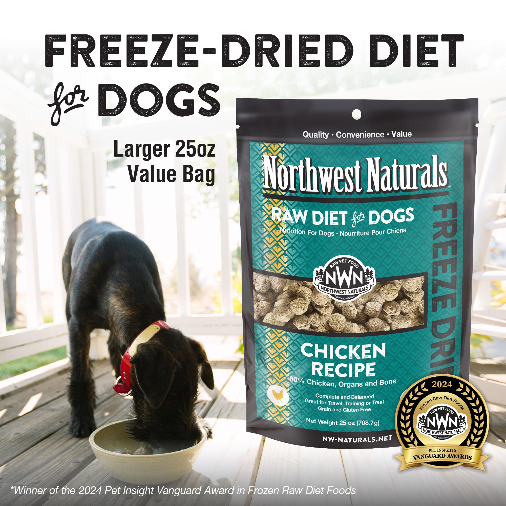 Northwest Naturals Freeze-Dried Chicken dog food packaging highlighting USA-made quality