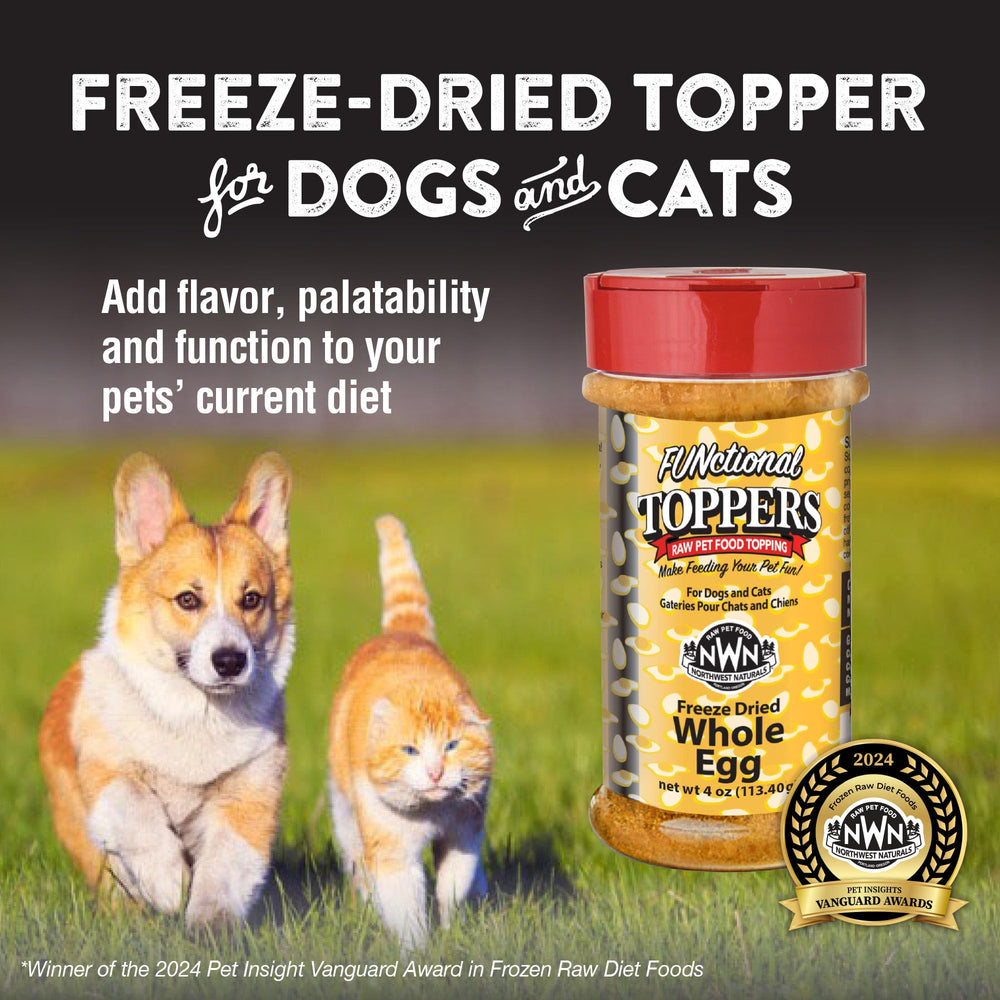 Northwest Naturals egg topper poured over kibble for added flavor and protein