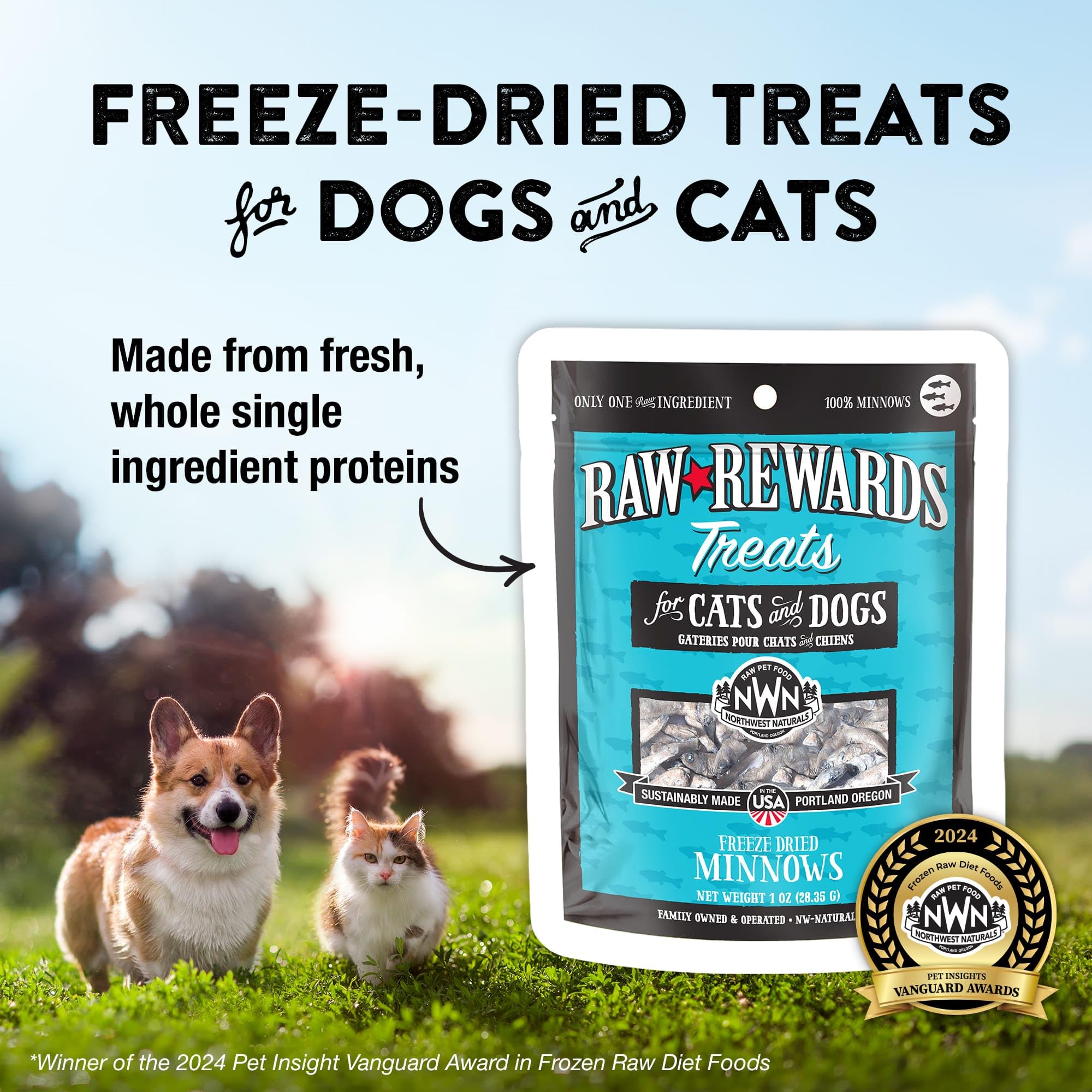 Northwest Naturals freeze-dried minnow treats close-up of bite-sized nuggets.