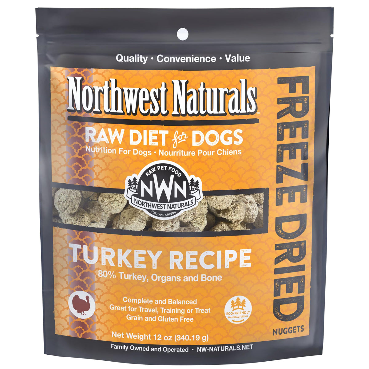 Northwest Naturals freeze-dried turkey dog food bite-sized nuggets offer easy, protein-rich meals for dogs of all sizes.