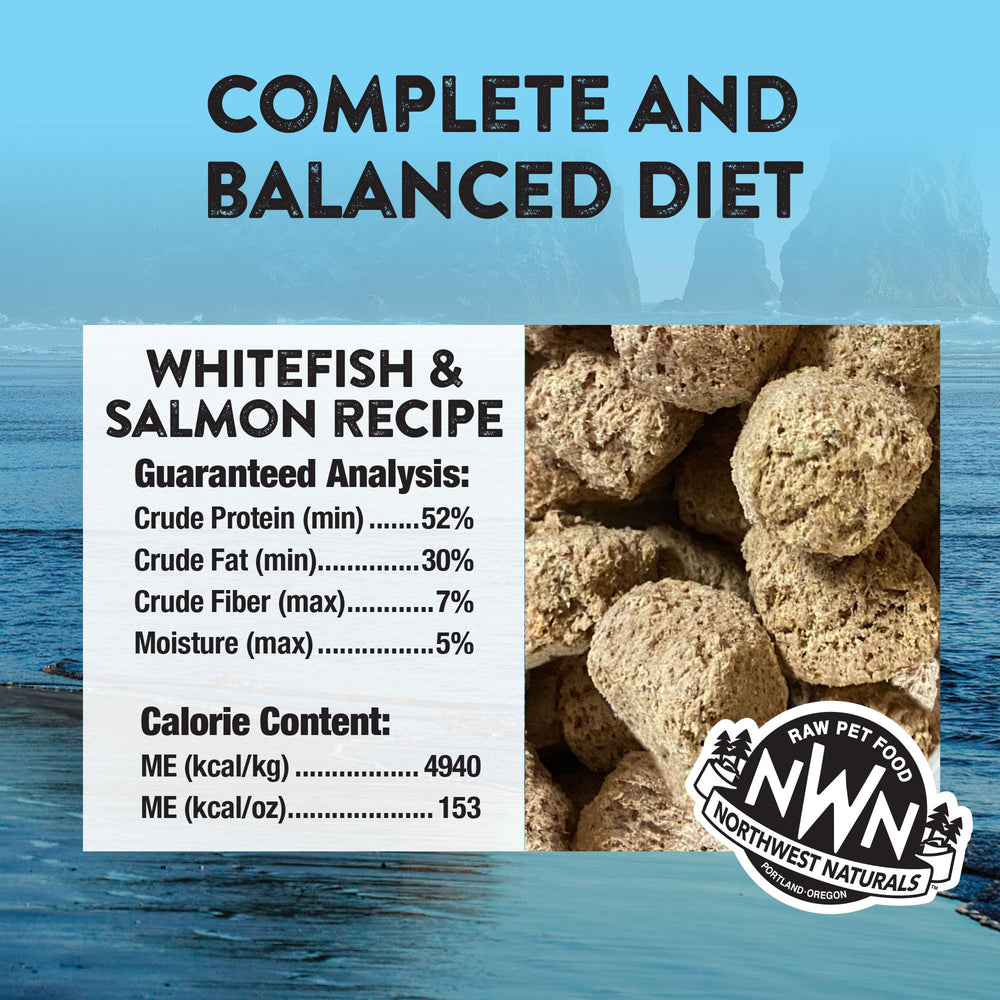 Northwest Naturals whitefish-salmon nuggets in a bowl, easy for all dogs.