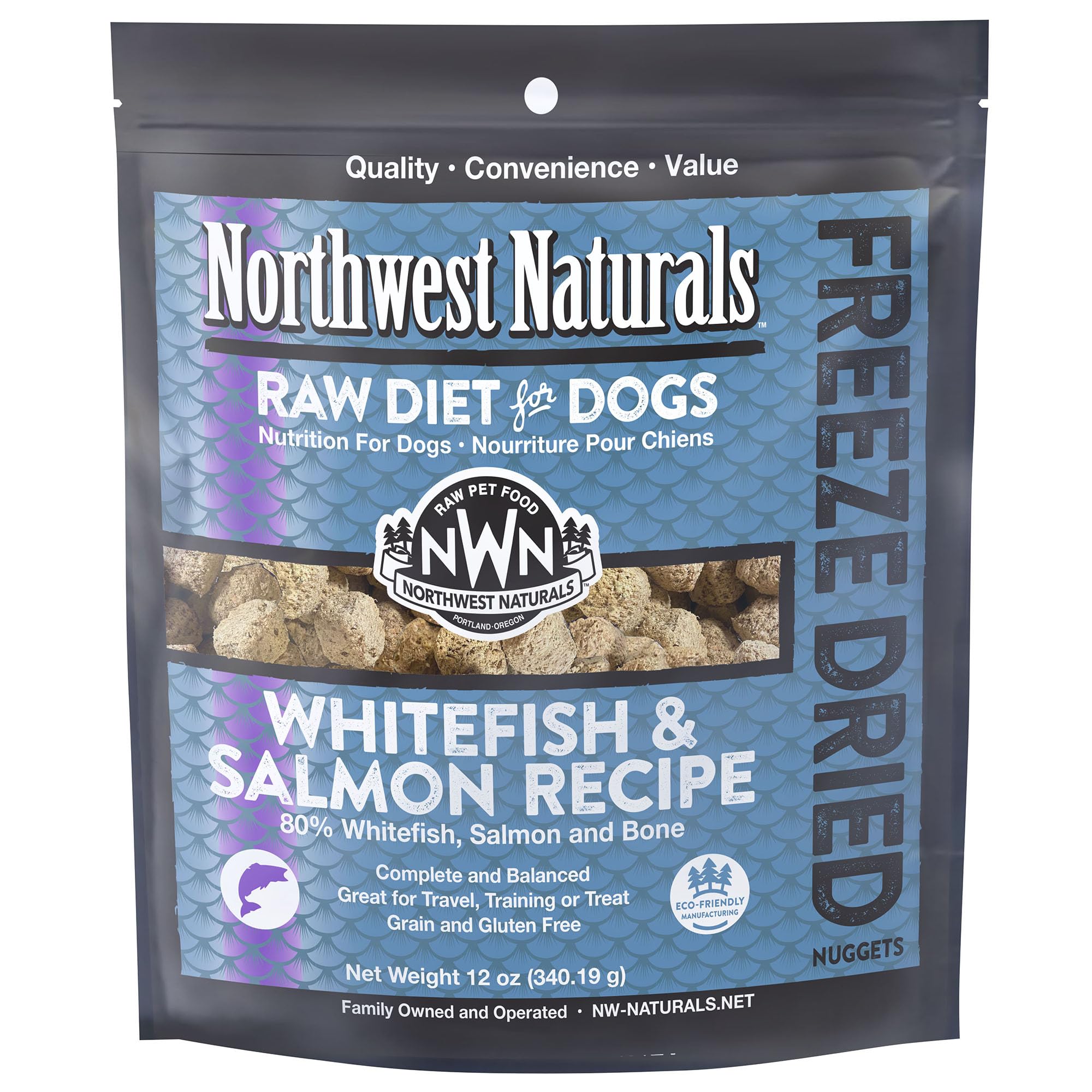 Northwest Naturals freeze-dried whitefish-salmon packaging open, preserving freshness for travel.