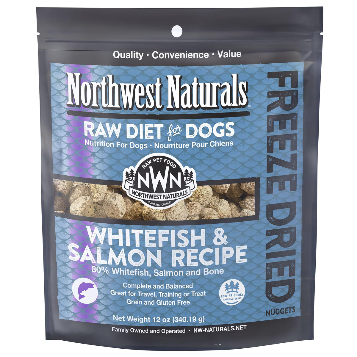 Northwest Naturals freeze-dried whitefish-salmon packaging open, preserving freshness for travel.