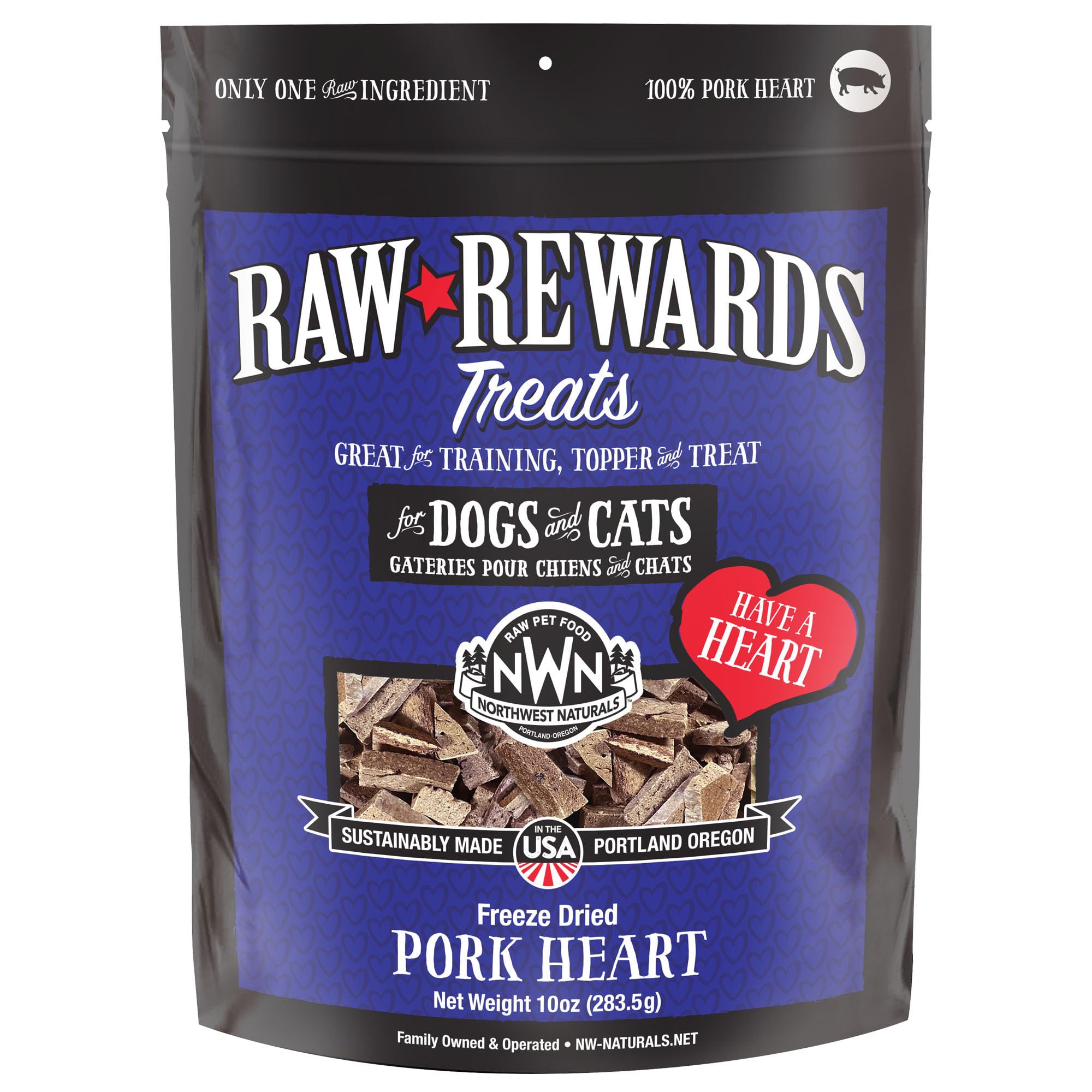 Northwest Naturals pork heart bite-sized treats for easy feeding.