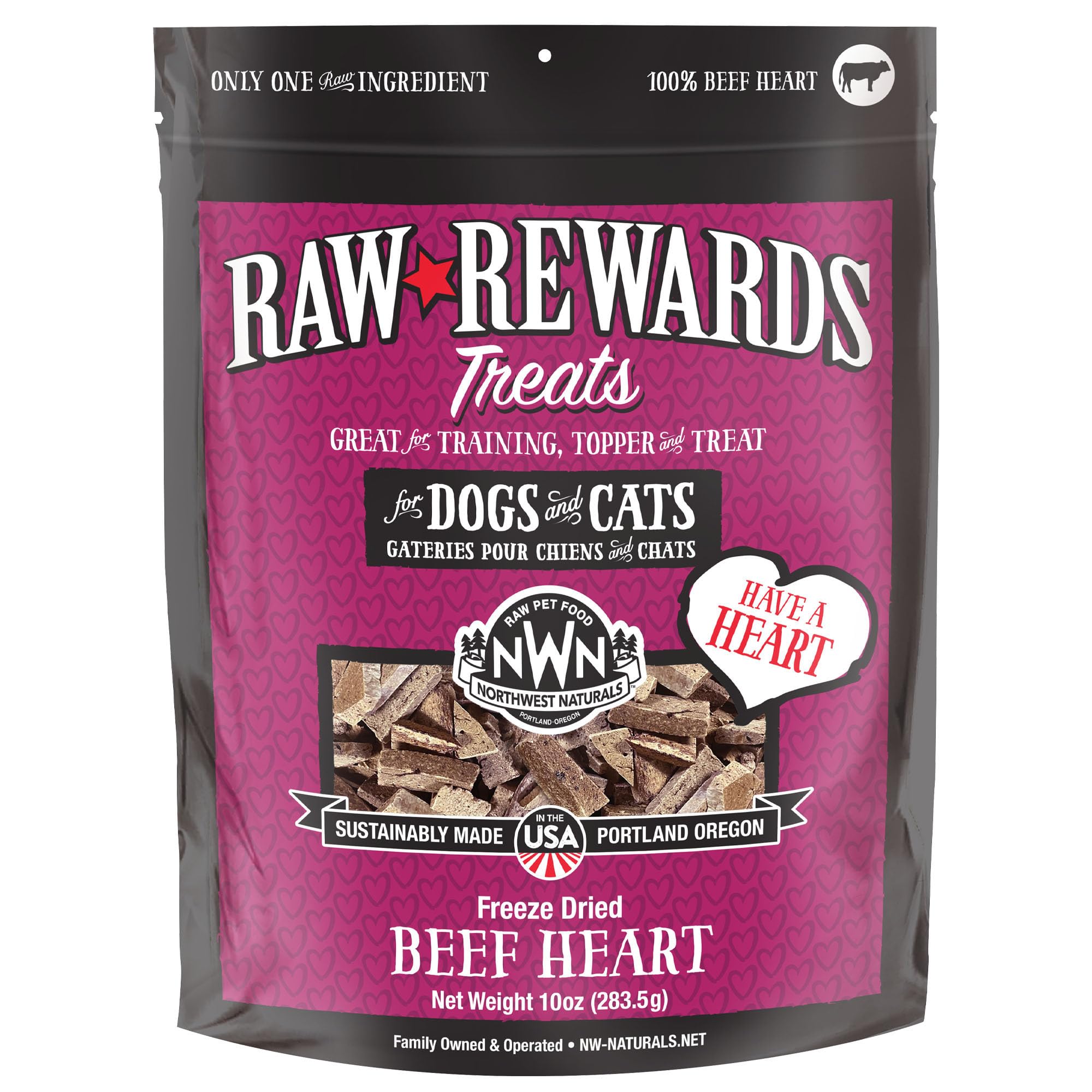 Northwest Naturals Raw Rewards Beef Heart treats, bite-sized, for dogs and cats, with a savory aroma.