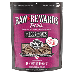 Northwest Naturals Raw Rewards Beef Heart treats, bite-sized, for dogs and cats, with a savory aroma.