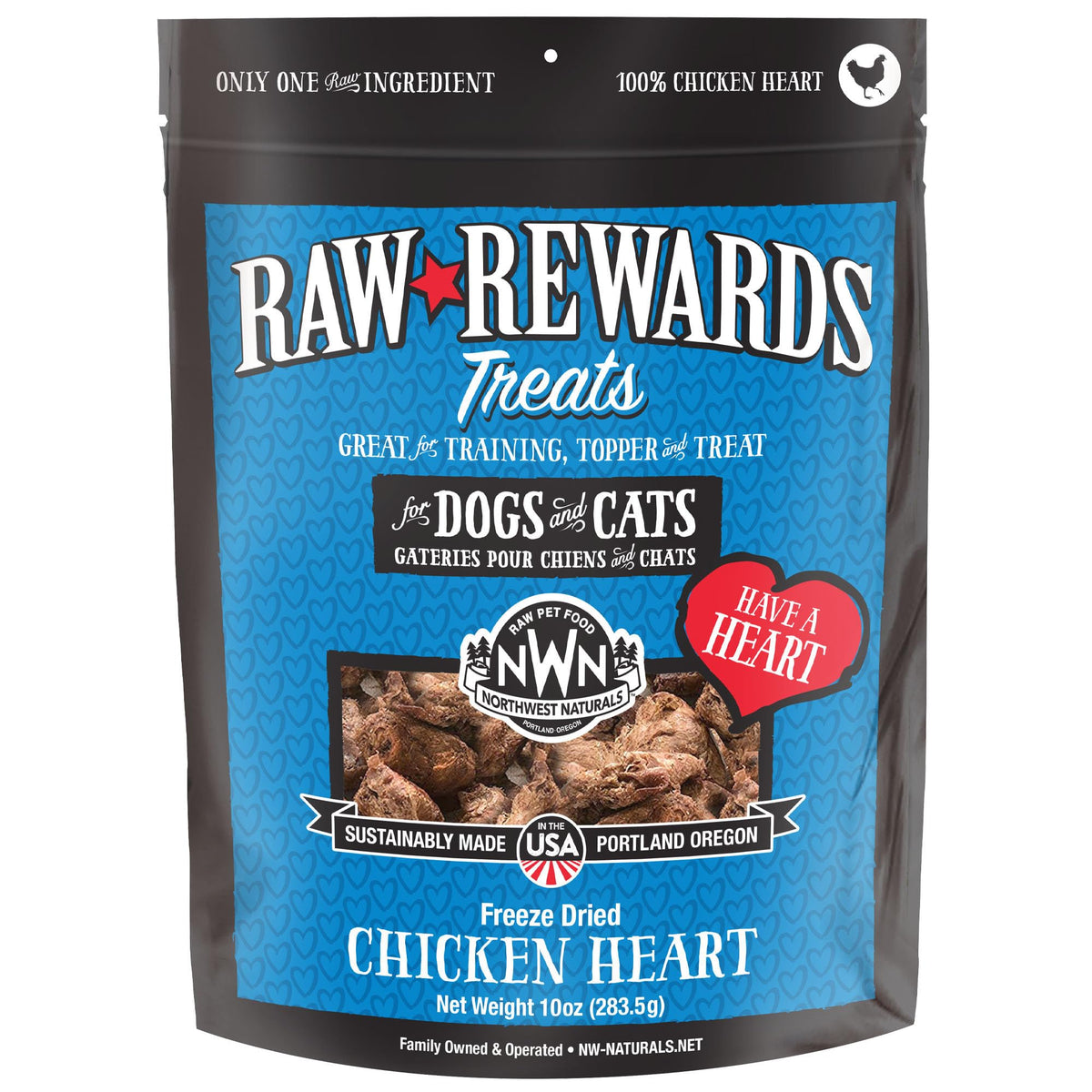 Northwest Naturals Raw Rewards chicken heart bites close-up showing single-ingredient protein