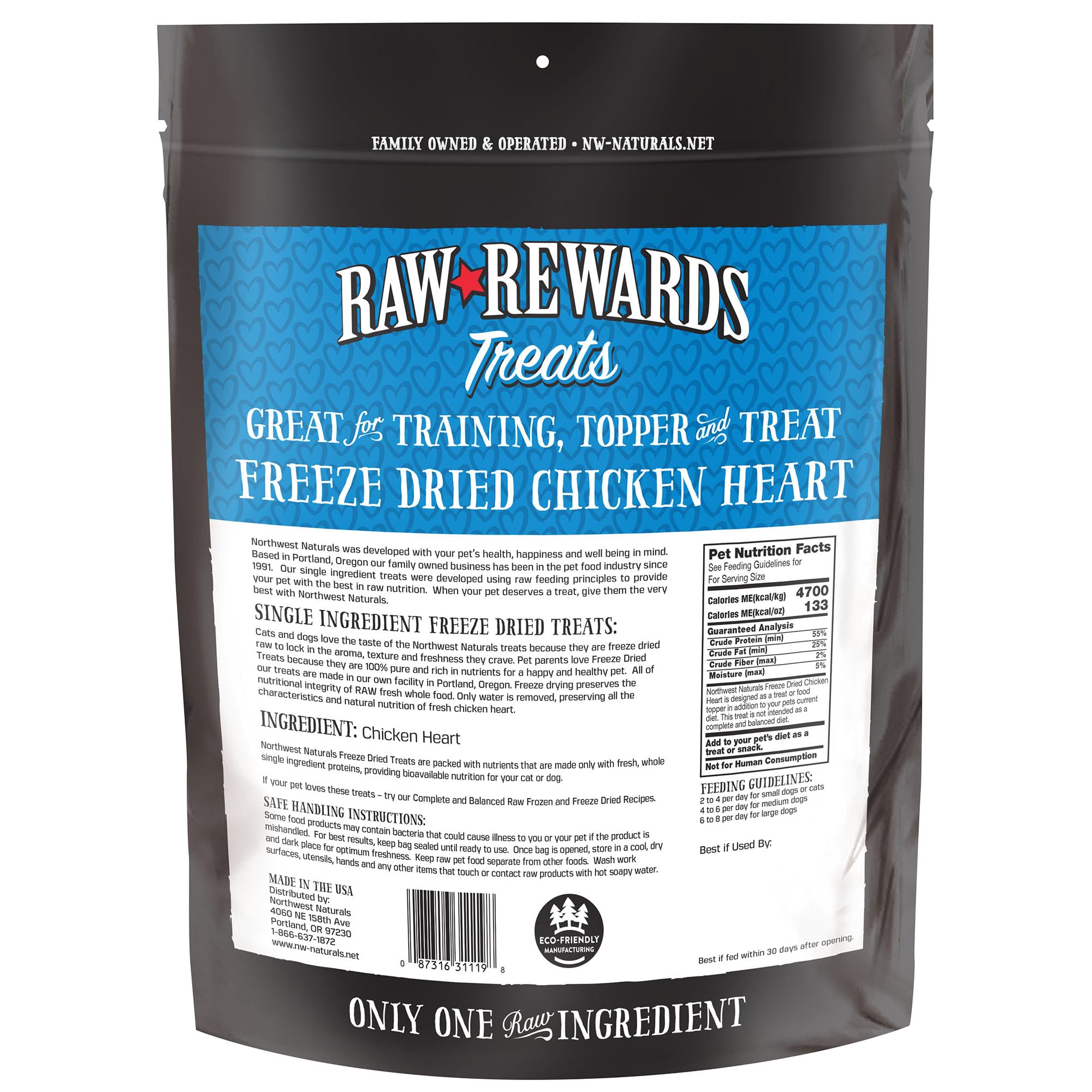 Northwest Naturals Raw Rewards chicken heart bites on countertop with label visible