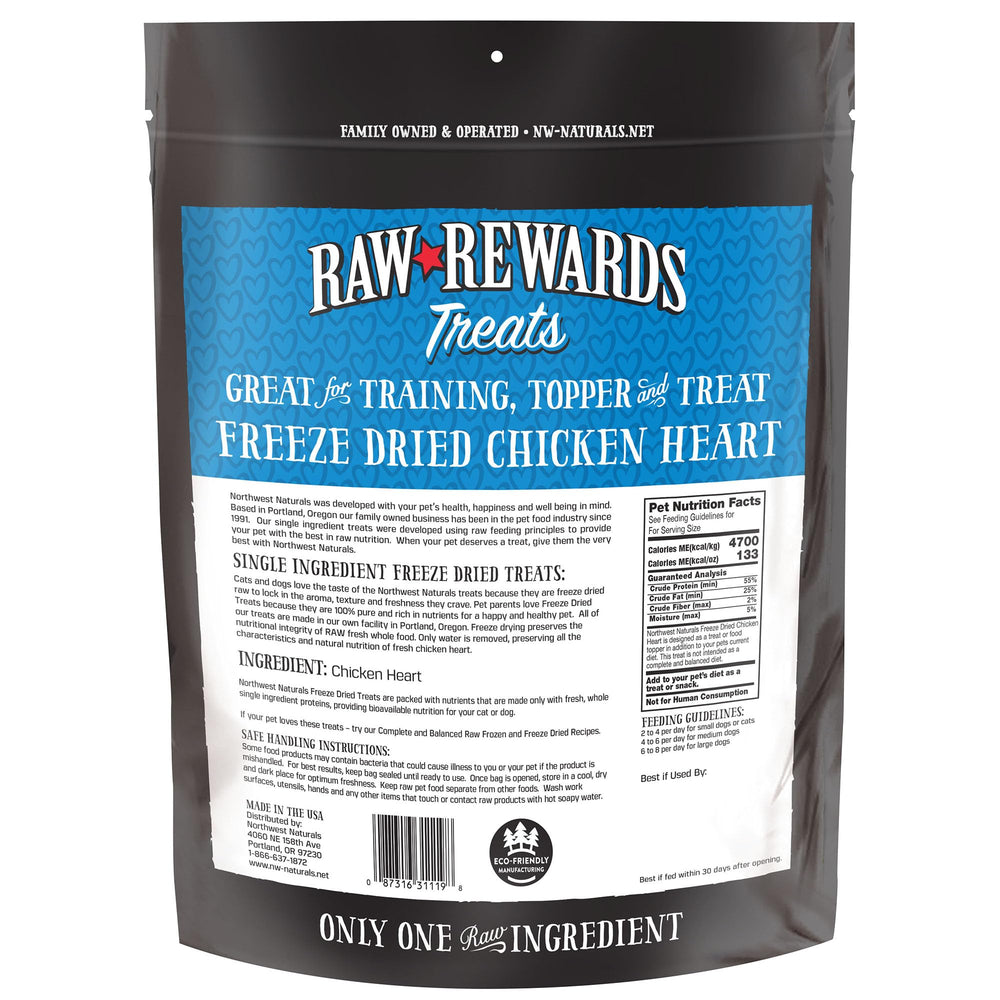 Northwest Naturals Raw Rewards chicken heart bites on countertop with label visible