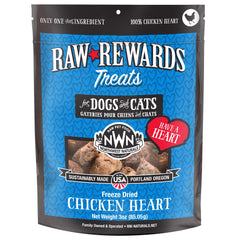 Northwest Naturals Raw Rewards freeze-dried chicken heart treats pack for easy pet snacking.