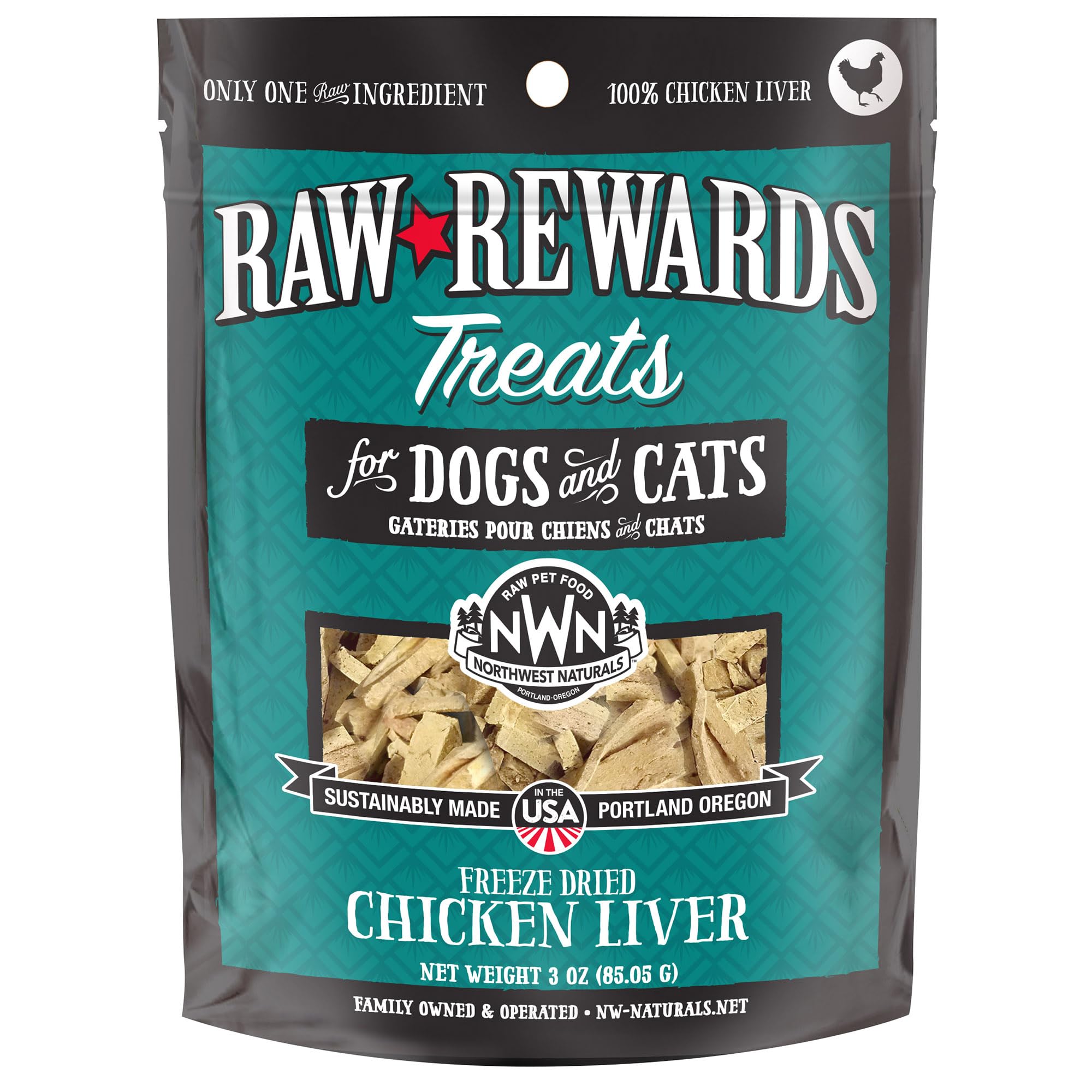 Northwest Naturals Raw Rewards chicken liver treats pack shot ideal bite-sized rewards for dogs and cats