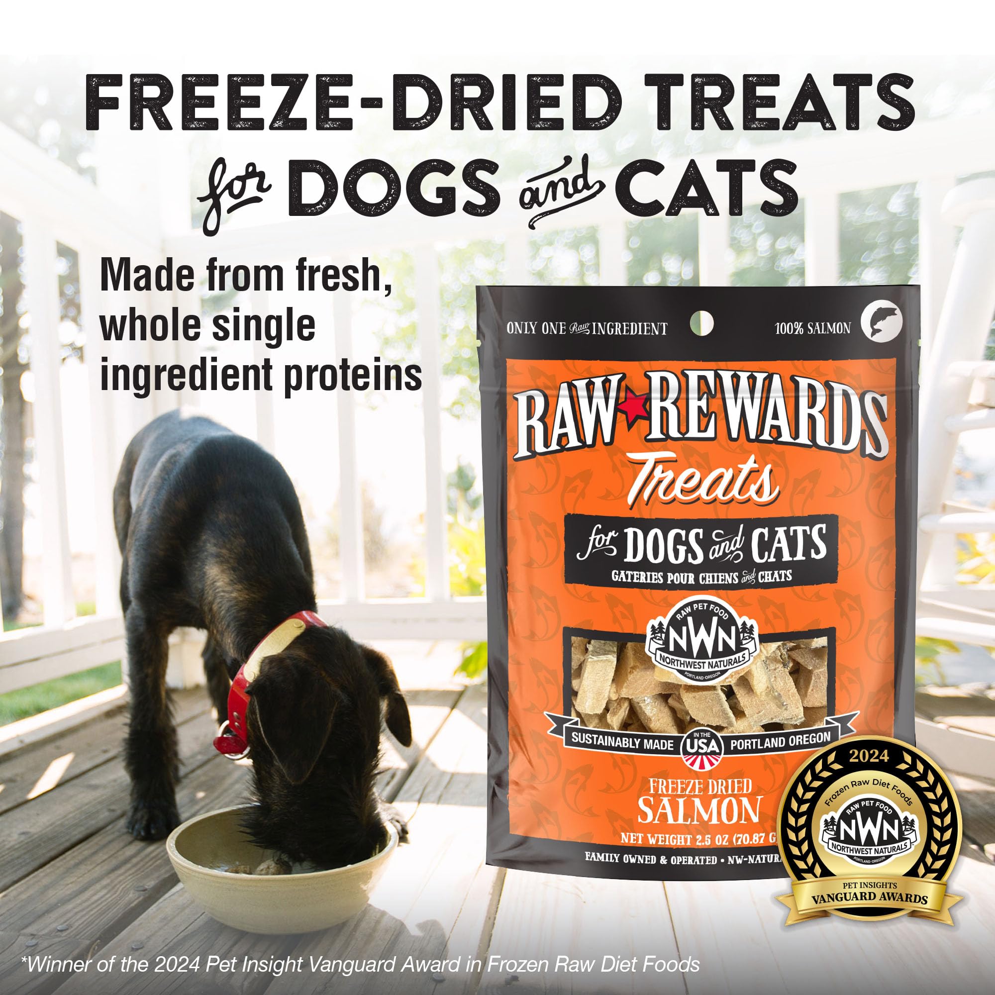 Raw Rewards salmon treats in bite-sized pieces for dogs and cats.
