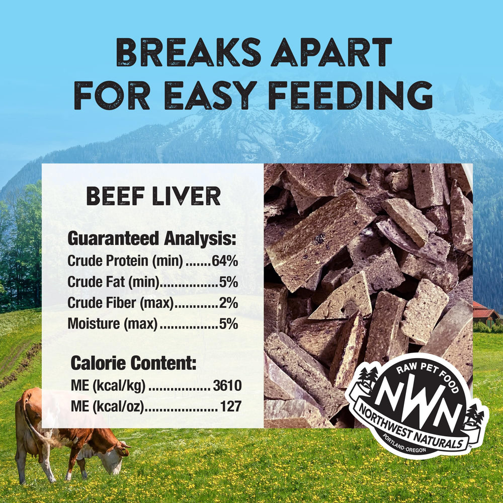 Northwest Naturals Raw Rewards open bag with dog demonstrates travel-friendly, mess-free snacking.