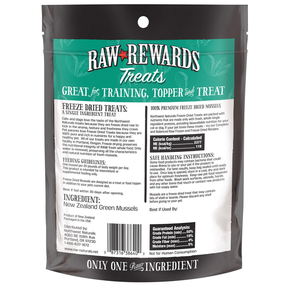 Northwest Naturals Raw Rewards green-lipped mussel treats, bite-sized for everyday rewards.