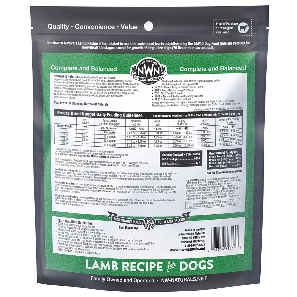 Northwest Naturals lamb nuggets enhance mealtime variety and nutritional density.