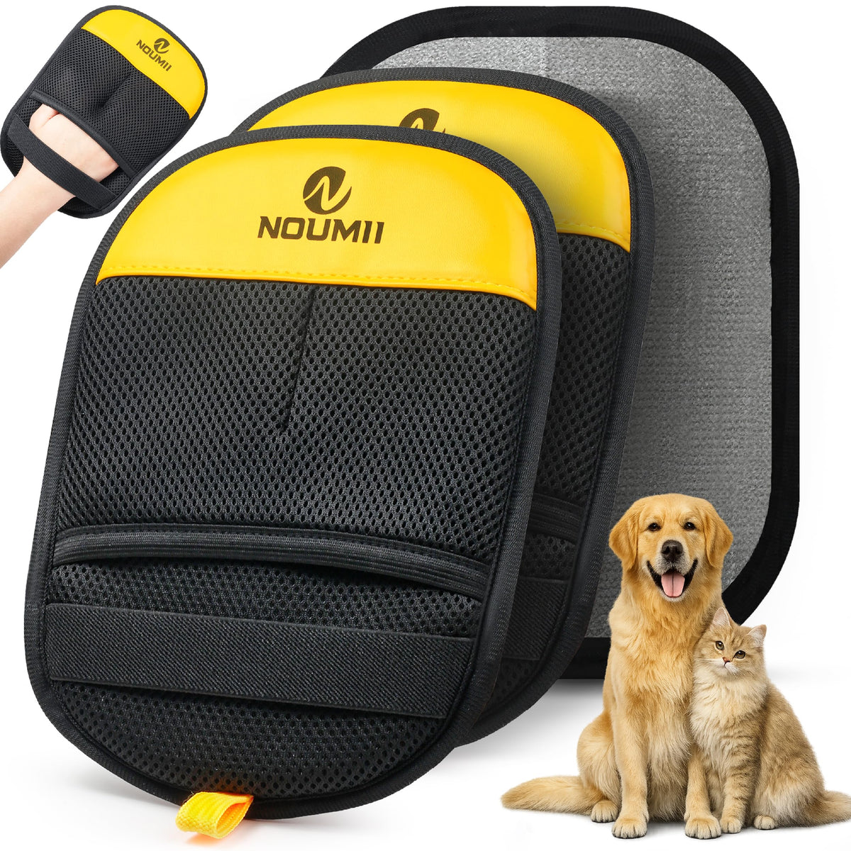 Noumii 2-pack pet hair removal glove front view for quick fur pickup.