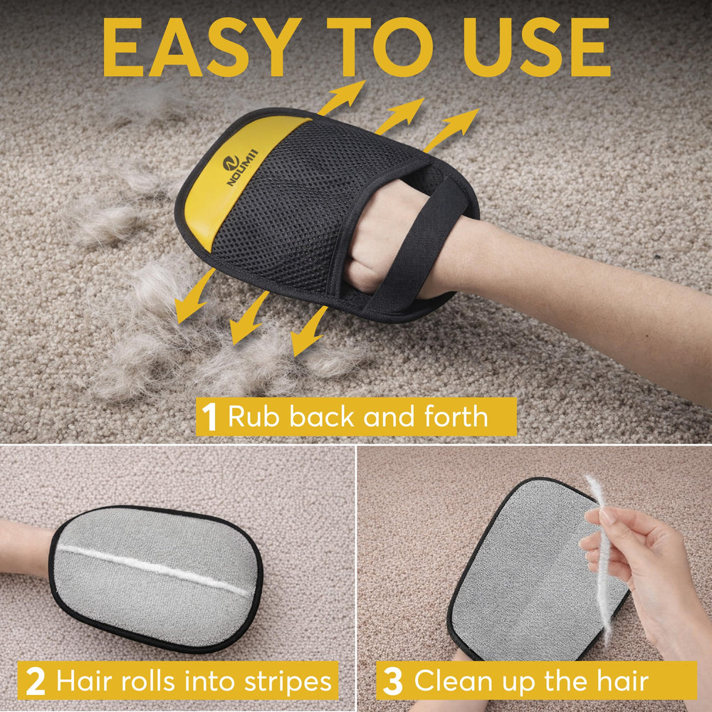 Noumii glove used on couch to lift pet hair efficiently.