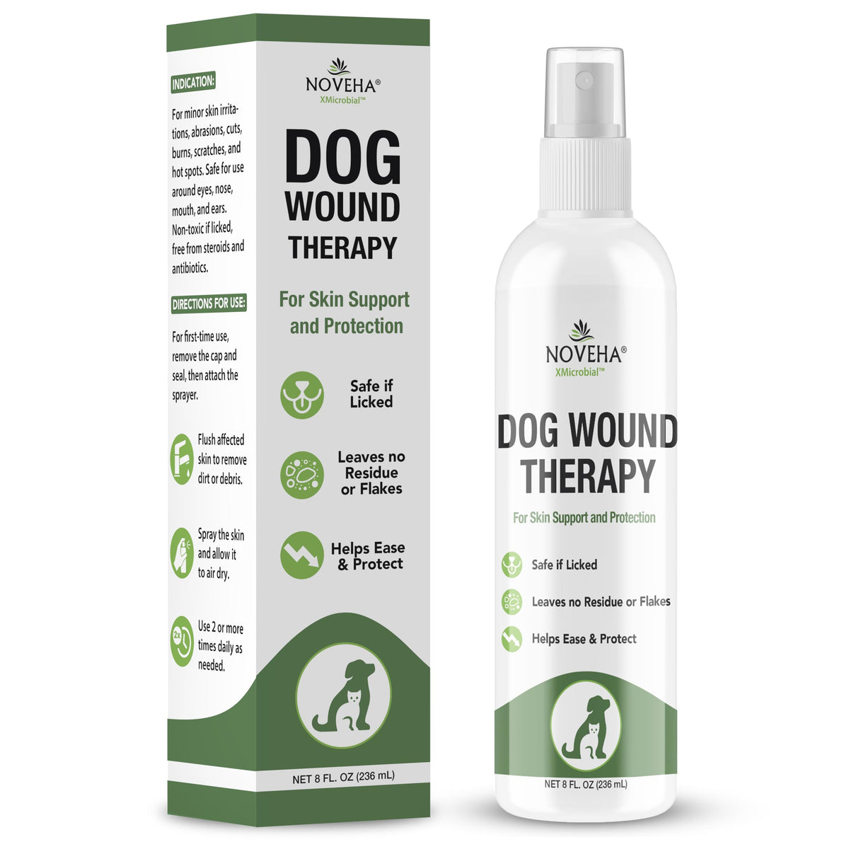 NOVEHA Dog Wound Care Spray bottle pour demonstrates easy application for quick wound cleaning