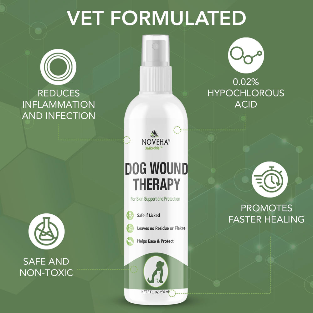 NOVEHA Hypochlorous acid solution closeup highlights safe, pH-balanced formula for pets
