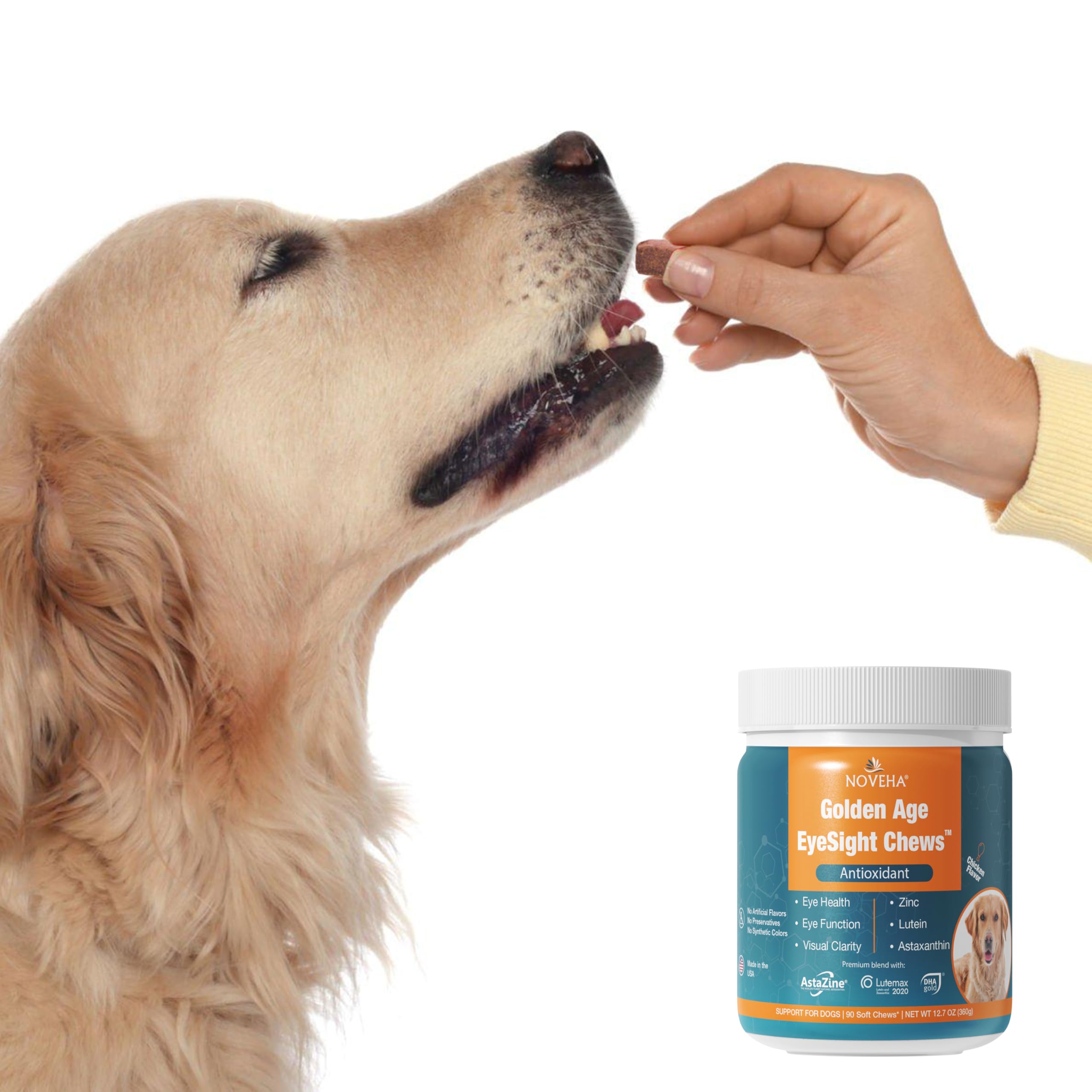 NOVEHA ingredients chart shows lutein zinc astaxanthin for eye health