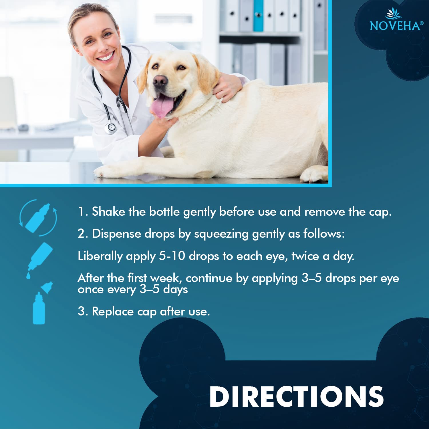 NOVEHA Pet Drops closeup of ingredient label shows safety and use