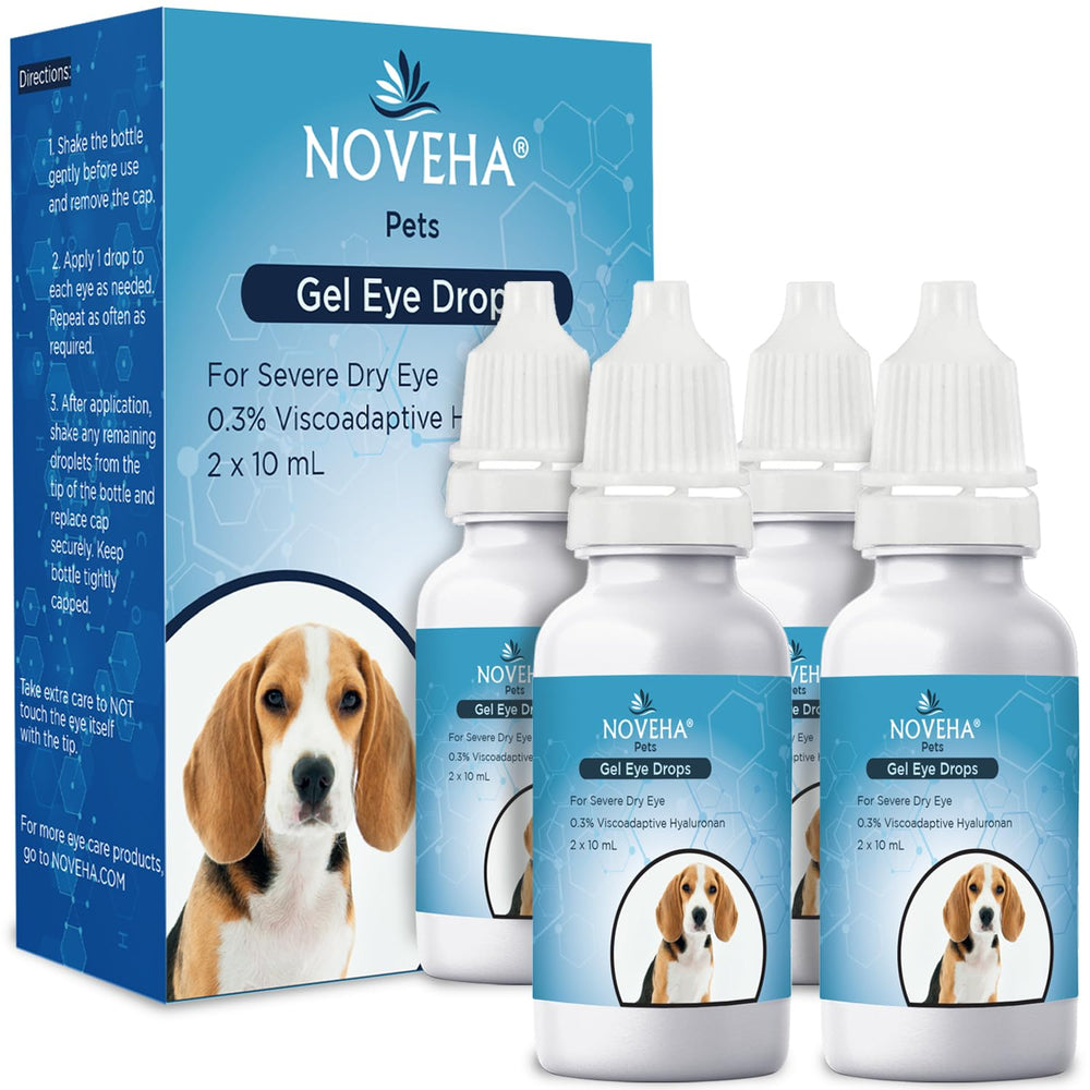 NOVEHA Pet Gel Eye Drops bottle showing 0.3% viscoadaptive hyaluronan for soothing hydration.