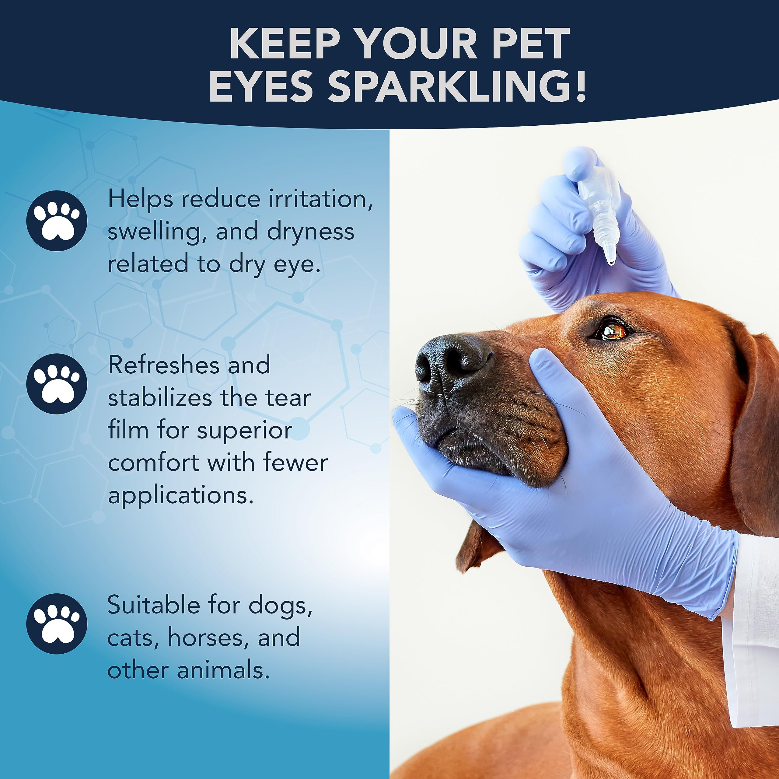 NOVEHA Pet Gel Eye Drops applied to a dog eye for soothing relief.